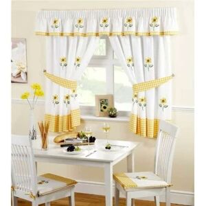 ALAN SYMONDS Sunflower Pencil Pleat Headed Kitchen Curtains and Tiebacks, Yellow/White, 46 x 54-Inch - White