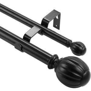 VEVOR Double Rod Curtain Rods, 36-72 inches(3-6ft) Adjustable Length, Black Double Curtain Rods with Round Finials, 1' and 3/4' Diameter, Double Window