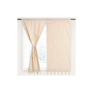 Aougo - White Cotton Embroidered Kitchen Curtain, Cafe Curtain, Dining Room Curtain with Hook Tassel Border 70x150cm (Beige 2 Panels)
