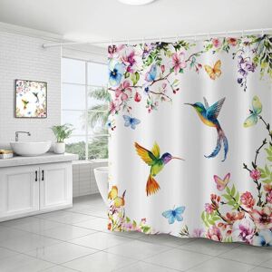 Linghhang - 180 x 180 cm Shower Curtain with Watercolor Floral and Hummingbird Pattern for Bathroom - Polyester Shower Curtain with Hooks - Pink