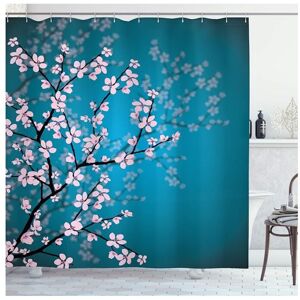 Japanese Shower Curtain, Sakura Bloom Pattern, Fabric Bathroom Decor Set with Hooks, 180 cm x 180 cm, Petrol Pale Blue Pink - Alwaysh