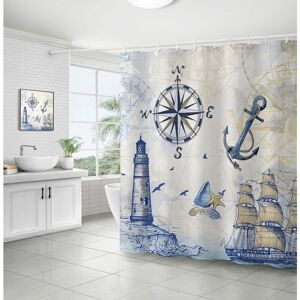 ALWAYSH Nautical Shower Curtain Lighthouse Sailboat Compass Anchor 180 x 180 cm Bath Curtain Polyester Fabric Anti-Mildew Waterproof Washable Bathroom