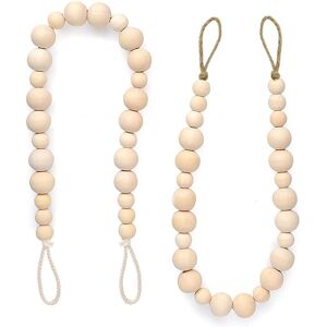 Alwaysh - Set of 4 Wooden Bead Curtain Tiebacks with Hooks for Home Wall or Holiday Decor (Wood Color, 4)