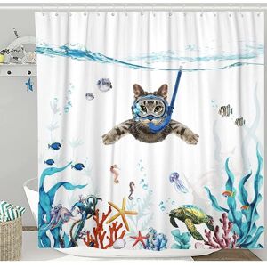 ALWAYSH Shower Curtain 180 x 180 cm Diving Cat Ocean Print Waterproof Bath Curtain Washable Anti Quick Dry Polyester Fabric Bathroom Accessory with 12 Hooks