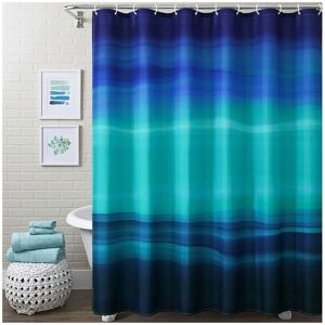 ALWAYSH Navy Blue Ocean Shower Curtain Set with Hooks, Ombre Teal Teal Abstract Fabric Shower Curtain for Summer Tropical Beach Themed Bathroom Decor, 180200