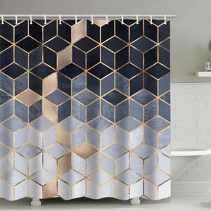 CYSLMUK Blue Gradient Shower Curtain, Modern Geometric Shower Curtain Set, Gold Cubic Lines Set for Bathroom