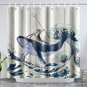 Linghhang - Cat-whale) Polyester Shower Curtain Anti-Mold Washable Waterproof Fabric Shower Curtains with 12 Hooks in C180x200CM