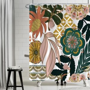 180x180cm Boho Style Shower Curtain Pink Flowers Green Leaf Bath Curtain Anti Mold Waterproof Polyester Fabric Washable Bathroom Curtain - Ccykxa