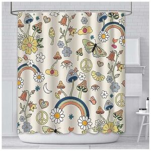 CSPARKV 180x180cm Mushroom Shower Curtain Boho Floral Washable Fabric Bath Curtains Hippie 70s 80s Funky Groovy Aesthetic Retro Bathroom Curtains with 12