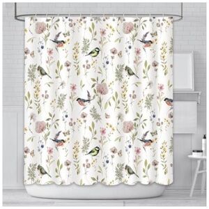 Shower Curtain 180 x 180 cm Floral Bird Plant Grass Pattern Bathroom Curtain Durable Waterproof Polyester with 12 Hooks - Csparkv