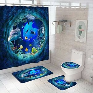 DEWDAT Dolphin Shower Curtain Set of 4, Bathroom Shower Curtain Set with Mat, Non-Slip Toilet Lid Cover, U-Shaped Mat, Bath Mat with 12 Hooks (Dolphin)