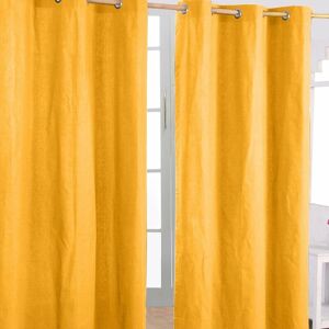 Homescapes - homecapes Cotton Plain Mustard Yellow Ready Made Eyelet Curtain Pair, 137 x 228cm
