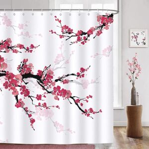 Linghhang - Red Cherry Blossom Shower Curtain Polyester Fabric Bath Curtain Anti-Mold Waterproof Washable Bathroom Curtain with 12 Hooks