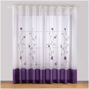 Cyslmuk - Set of 2 140cmx245cm, Purple Eyelet Curtains Voile Floral Embroidery for Bedroom Kitchen Living Room