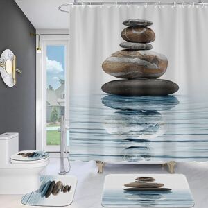 Csparkv - Shower curtain 180 x 180 cm bathroom Zen Stones patterns anti-mold, blue