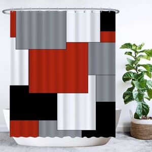 LINGHHANG Shower Curtain - Rectangle Square - 180 x 200 cm - Washable - Anti-Mold - with 12 Rings - Red Grey Black White