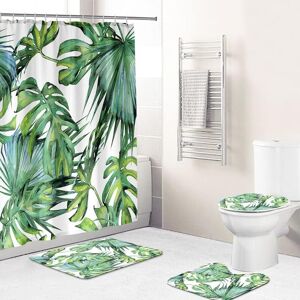 TONCHEAN Tropical Green Plants Shower Curtain Bath Mat Flower Leaf Landscape Non-Slip Toilet Cover Bathroom Decor Set - 180x200cm