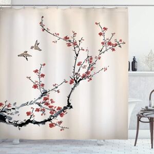 Linghhang - Nature Shower Curtain, Birds Art Style, Fabric Bathroom Decor Set with Hooks, 180cm x 180cm, Black Burgundy