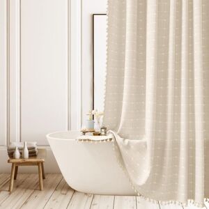CYSLMUK Bohemian Plaid Shower Curtain - Rustic Linen Polyester Shower Curtain - Sturdy Small Shower Curtain with Tassels - Beige Bohemian Fabric Shower CYSLMUK Bohemian Plaid Shower Curtain - Rustic Linen Polyester Shower Curtain - Sturdy Small Shower Curtain with Tassels - Beige Bohemian Fabric Shower