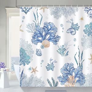 CCYKXA Coral Shower Curtain, Nautical Coast, Blue Seashell Design, Polyester Fabric, Anti-Mold, Waterproof, Washable, Bathroom Curtain, 180 x 180 cm CCYKXA Coral Shower Curtain, Nautical Coast, Blue Seashell Design, Polyester Fabric, Anti-Mold, Waterproof, Washable, Bathroom Curtain, 180 x 180 cm