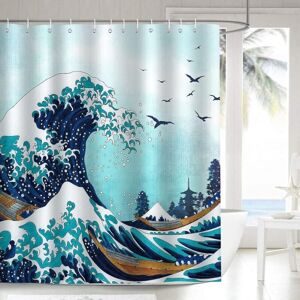 CCYKXA Japanese Wave Kanagawa Shower Curtain 180 x 180 cm Bath Curtain Polyester Fabric Anti-Mold Waterproof Washable Bathroom Curtain with 12 Hooks for CCYKXA Japanese Wave Kanagawa Shower Curtain 180 x 180 cm Bath Curtain Polyester Fabric Anti-Mold Waterproof Washable Bathroom Curtain with 12 Hooks for