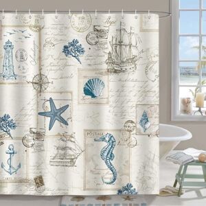 CCYKXA Nautical coastal shower curtain, vintage, ocean, beach, seashells, seahorse, lighthouse, bathroom decoration, 180 x 180 cm, waterproof CCYKXA Nautical coastal shower curtain, vintage, ocean, beach, seashells, seahorse, lighthouse, bathroom decoration, 180 x 180 cm, waterproof