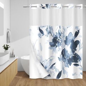 Groofoo - No Hook Shower Curtain with Snap in Liner - Floral Shower Curtain - Fabric Waterproof Inner Liner, Plants Navy Blue Flowers Modern Cloth Groofoo - No Hook Shower Curtain with Snap in Liner - Floral Shower Curtain - Fabric Waterproof Inner Liner, Plants Navy Blue Flowers Modern Cloth