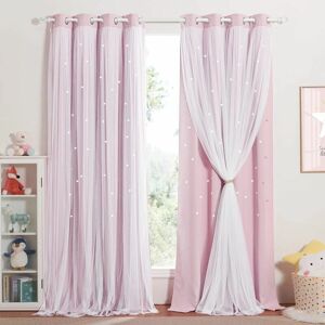 DEWDAT Pink Blackout Curtains - Girls Room Double Layer Curtain Stars Perforated Pattern with Voile Window Decor for Kids, w 132 x h 213 cm, Light Pink, 2 DEWDAT Pink Blackout Curtains - Girls Room Double Layer Curtain Stars Perforated Pattern with Voile Window Decor for Kids, w 132 x h 213 cm, Light Pink, 2