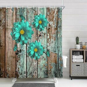 NICEONE Rustic Teal Floral Shower Curtain, Modern Farmhouse Shower Curtain Set Turquoise Blue Flower Fabric Over Gray Wooden Curtains, Vintage Country NICEONE Rustic Teal Floral Shower Curtain, Modern Farmhouse Shower Curtain Set Turquoise Blue Flower Fabric Over Gray Wooden Curtains, Vintage Country