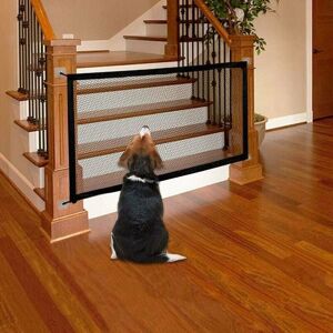 MUMU Dog Gate Foldable Retractable Safety Stair Gate Barrier for Dogs and Babies Black (Size 70 x 110cm)