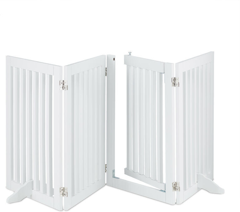 Relaxdays - Large Safety Gate with Door, Pets and Children, Retractable, with Feet, Free-Standing Barrier, 70x207cm, White