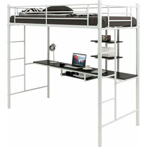 COSTWAY Metal Bunk Bed with Desk, Shelves and Safety Guardrail, 2 Ladders Loft Bed Frame, Home Bedroom Dormitory Space-Saving Single High Sleeper for Kids,