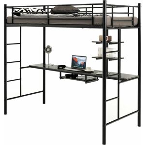 COSTWAY Metal Bunk Bed with Desk, Shelves and Safety Guardrail, 2 Ladders Loft Bed Frame, Home Bedroom Dormitory Space-Saving Single High Sleeper for Kids,