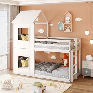 QHJ 3FT Treehouse Bunk bed 90190cm, Cabin Bed Frame, Mid-Sleeper with Treehouse Canopy & Ladder white