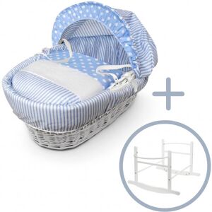 KINDER VALLEY Blue Spots & Stripes White Wicker Moses Basket with Rocking Stand White, Quilt, Padded Liner, Body Surround & Adjustable Hood - Blue