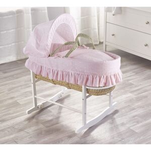 KINDER VALLEY Broderie Anglaise Pink Palm Moses Basket with Rocking Stand White, Quilt, Padded Liner, Body Surround & Adjustable Hood