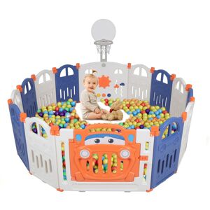 Puluomis Foldable Baby Playpen with Mini Basketball Hoop & Small Basketball & 100Pcs Coloured Pit Balls, Car Theme Playpen for Baby and Toddlers,