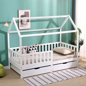 FURNITURE HMD White Kids Bed Single Bed Frame with 2 Storage Drawers,Pine Wood Children Bed with Guardrail - White