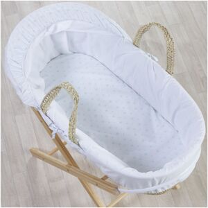 KINDER VALLEY Little Star Mint Palm Moses Basket with Folding Stand Natural, Quilt, Padded Liner, Body Surround & Adjustable Hood - White