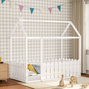 LIVINGANDHOME Wooden House Toddler Bed with Fence and Roof