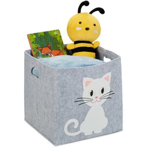 Felt Storage Basket, Animal Motif, Children, Foldable, HxWxD: 33 x 34 x 32 cm, Toys, Cat Print, Grey - Relaxdays