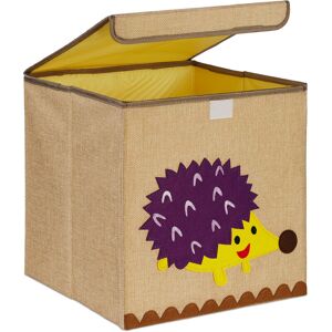 Storage Box for Kids, Hedgehog Print, Toy Basket, Foldable, HxWxD: 33 x 33 x 33 cm, Toy Box, Beige/Purple - Relaxdays