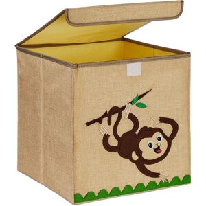 Storage Box for Kids, Monkey Print, Toy Basket Children, Foldable, HxWxD 33 x 33 x 33 cm, Toy Box, Beige/Brown - Relaxdays