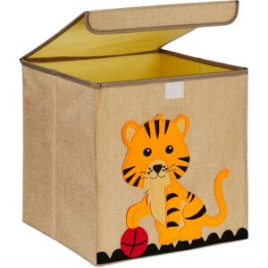 Storage Box for Kids, Tiger Print, Toy Basket Children, Foldable, HxWxD 33 x 33 x 33 cm, Toy Box, Beige/Orange - Relaxdays