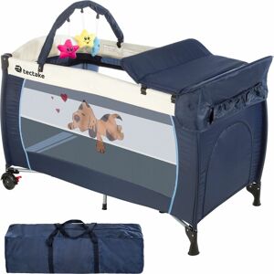 Tectake - Travel Cot Dog 132x75x104cm with changing mat, play bar & carry bag - cot bed, baby travel cot, pop up travel cot - blue - blue