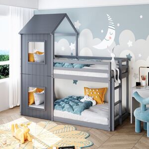 MODERNLUXE Bunk bed House Bed 3FT Cabin Bed Frame, Mid-Sleeper with Treehouse Canopy & Ladder Grey