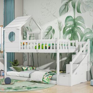 Dewdat - Wood House Bunk Bed 90190 cm, Cabin Bed Frame, Wooden Bunk Bed Frame with Ladder and storage space (White)