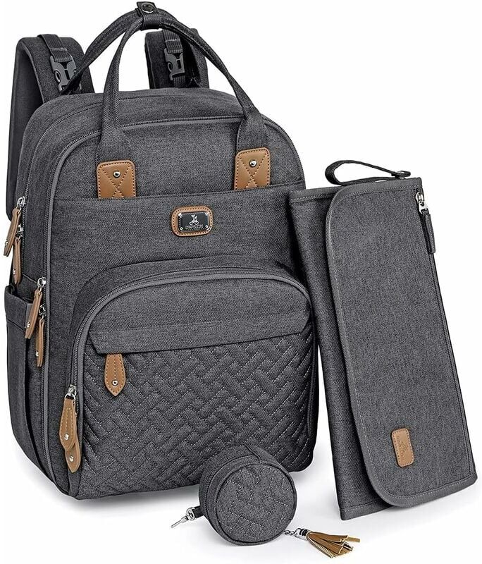 DENUOTOP Diaper Backpack, Large Multifunctional Diaper Backpack with Portable Changing Pad, Pacifier Holder and Stroller Straps, for Mom and Dad (Dark Gray)