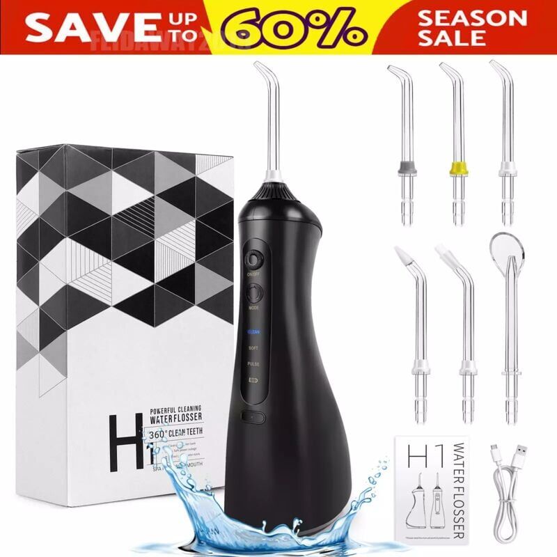 Briefness - Cordless Dental Water Flosser Oral Irrigator Teeth Cleaner with 6 Jet Tips Floss