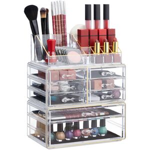 Set of 1 Relaxdays Makeup Organizer with Drawers, Stacking Makeup and Jewellery Box, Acrylic Cosmetic Kit, Clear/Gold